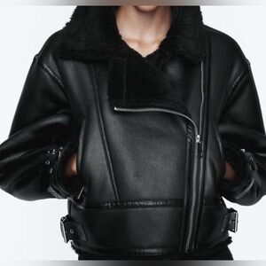 Zara Black Double-Faced Faux Fur Aviator Jacket – Size Medium